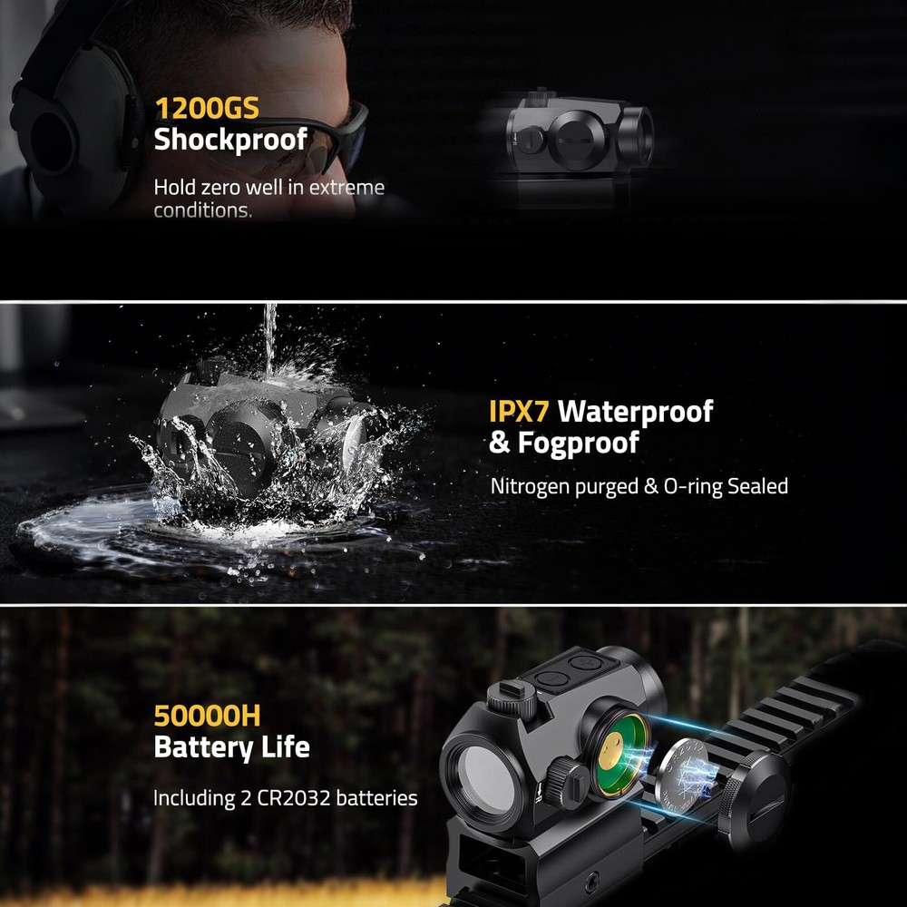 Multiple Reticle RefIex Green Dot Sight - 5,0000H Battery Life - Riser/Low Mount