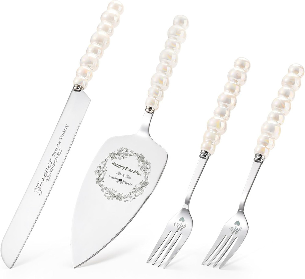 Wedding Cake Knife and Server Set, Ceramic Pearl Handle Cake Cutting Set for Wed