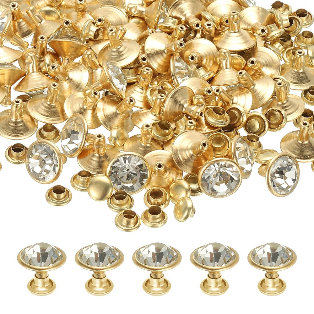 70 Set 10mm Leather Rivets Rhinestone Studs Rivet Transparent Gold Tone