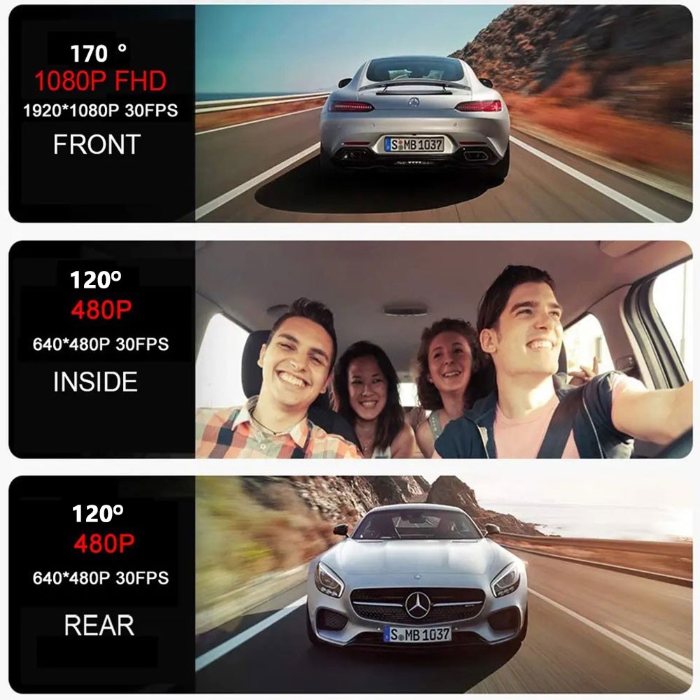 Triple Camera Dash Cam No WiFi 1080P Night Vision Loop Recording G-Sensor B9