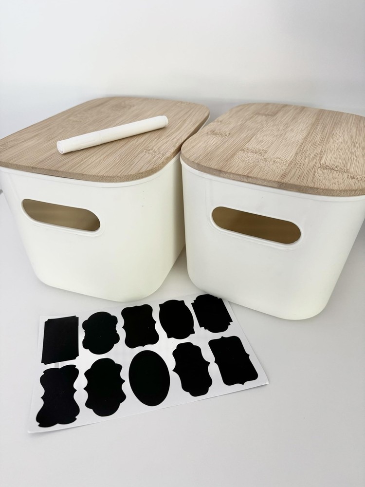 Generic Plastic Stackable Storage Bins with Bamboo Lid 2 PCS White 10x7in