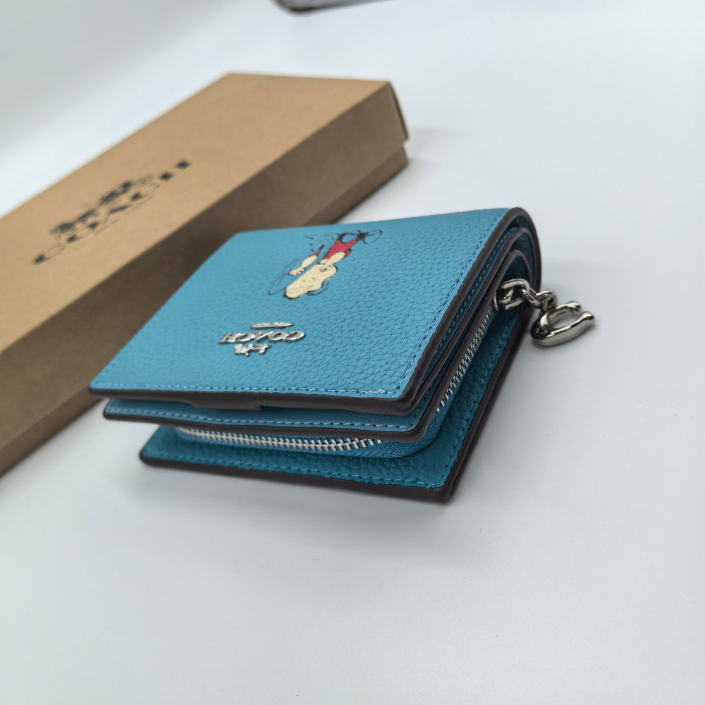 Coach x Snoopy Print Cartoon Pattern Short Zip Wallet Blue