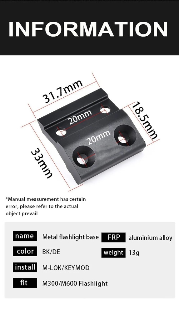 Tactical Flashlight Offset Keymod Mlok Mount For M300 M600 Scout Light Bases