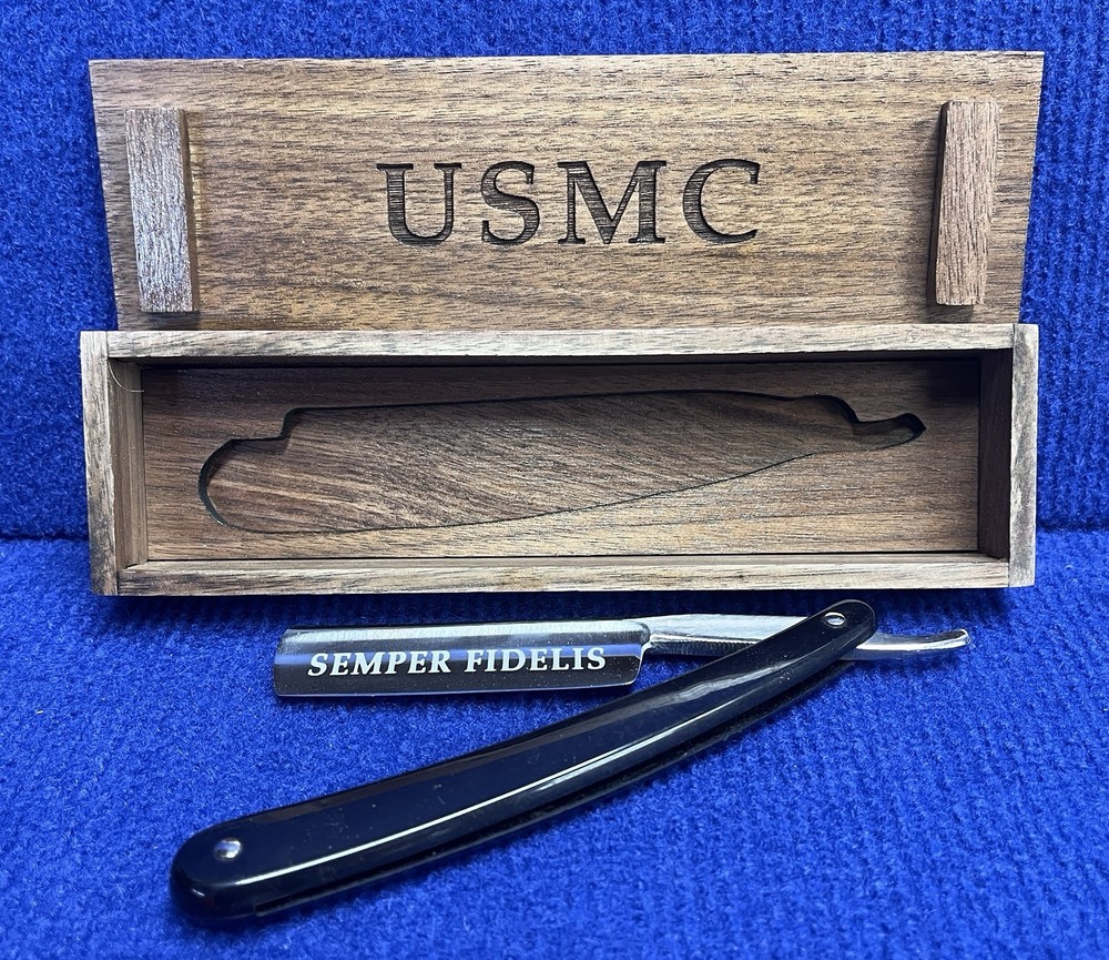 U.S.M.C. Straight Razor Etched Blade in Solid Walnut case FREE SHIPPING!