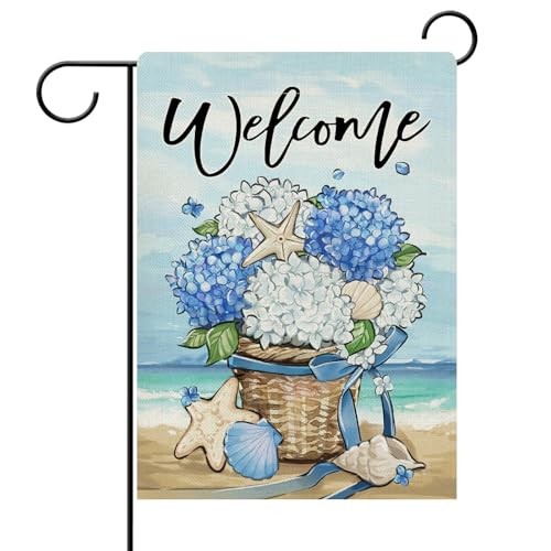 Welcome Spring Summer Beach Hydrangea Flower 12" x 18" Hydrangea Beach