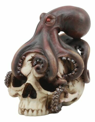 Sea Monster Red Eyed Octopus Wrapping Around Skull Statue 5.25"h Nautical Decor