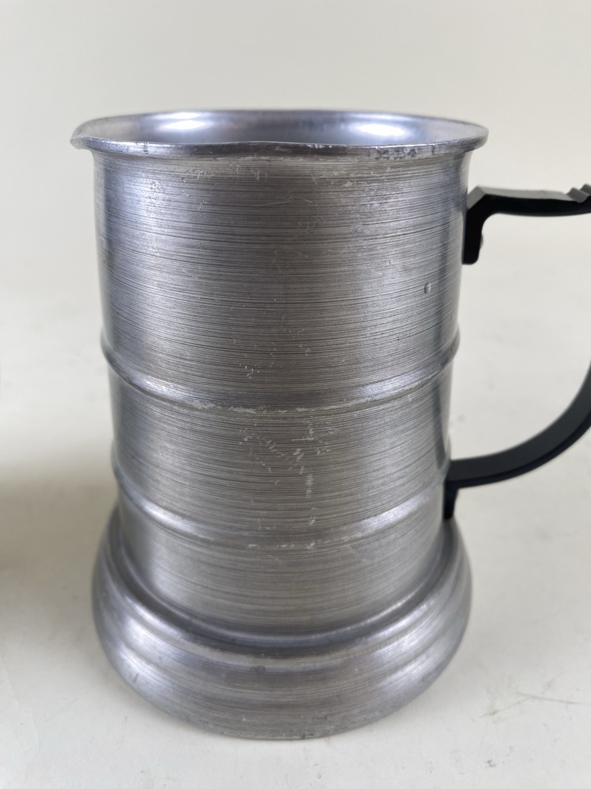 Pair Apex Aluminum Pewter Beer Steins Mugs w Glass Bottom Black Handle Hong Kong