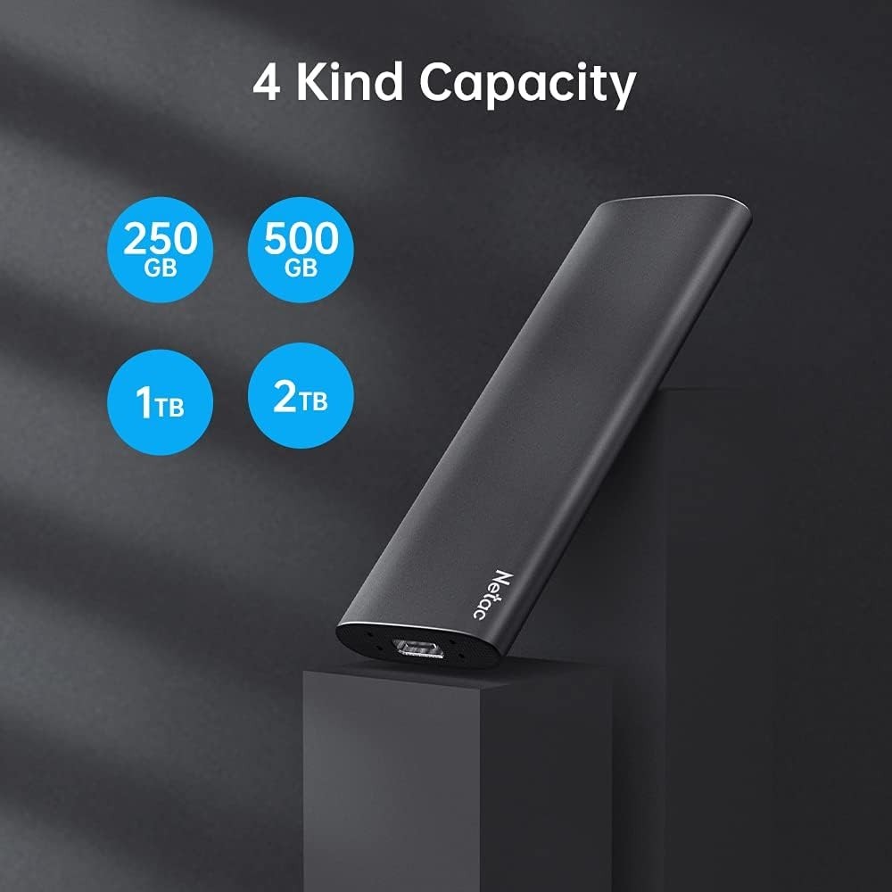 250GB Slim External SSD - USB 3.2 Gen 2, Shock Resistant for Secure Data Storage
