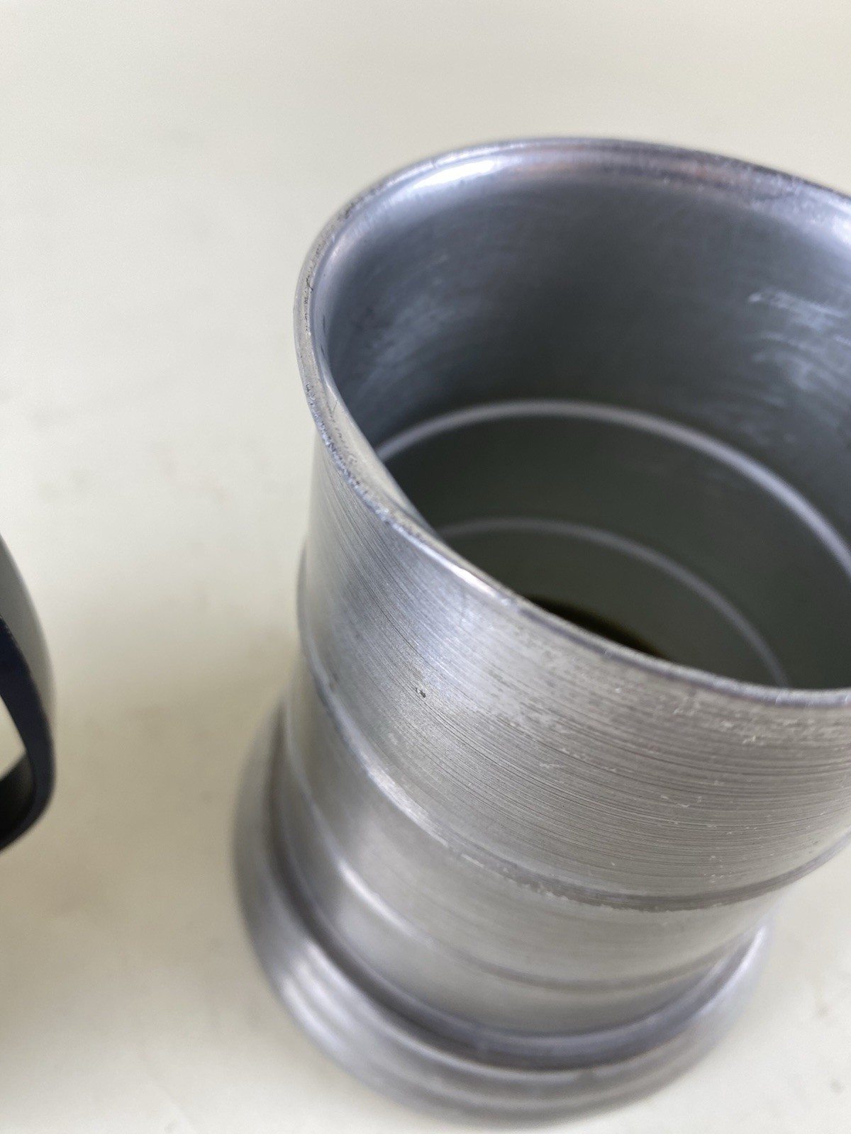 Pair Apex Aluminum Pewter Beer Steins Mugs w Glass Bottom Black Handle Hong Kong