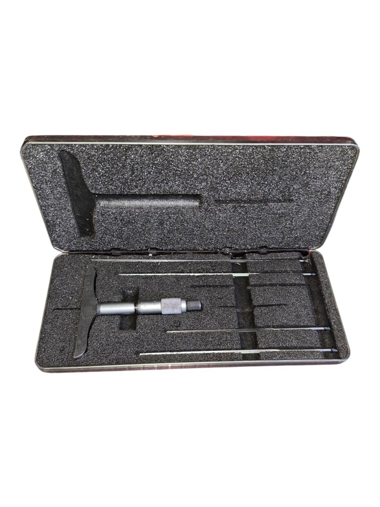 Vintage Starrett Mechanical Depth Micrometer Set w/ 4 Rods and Fitted Case