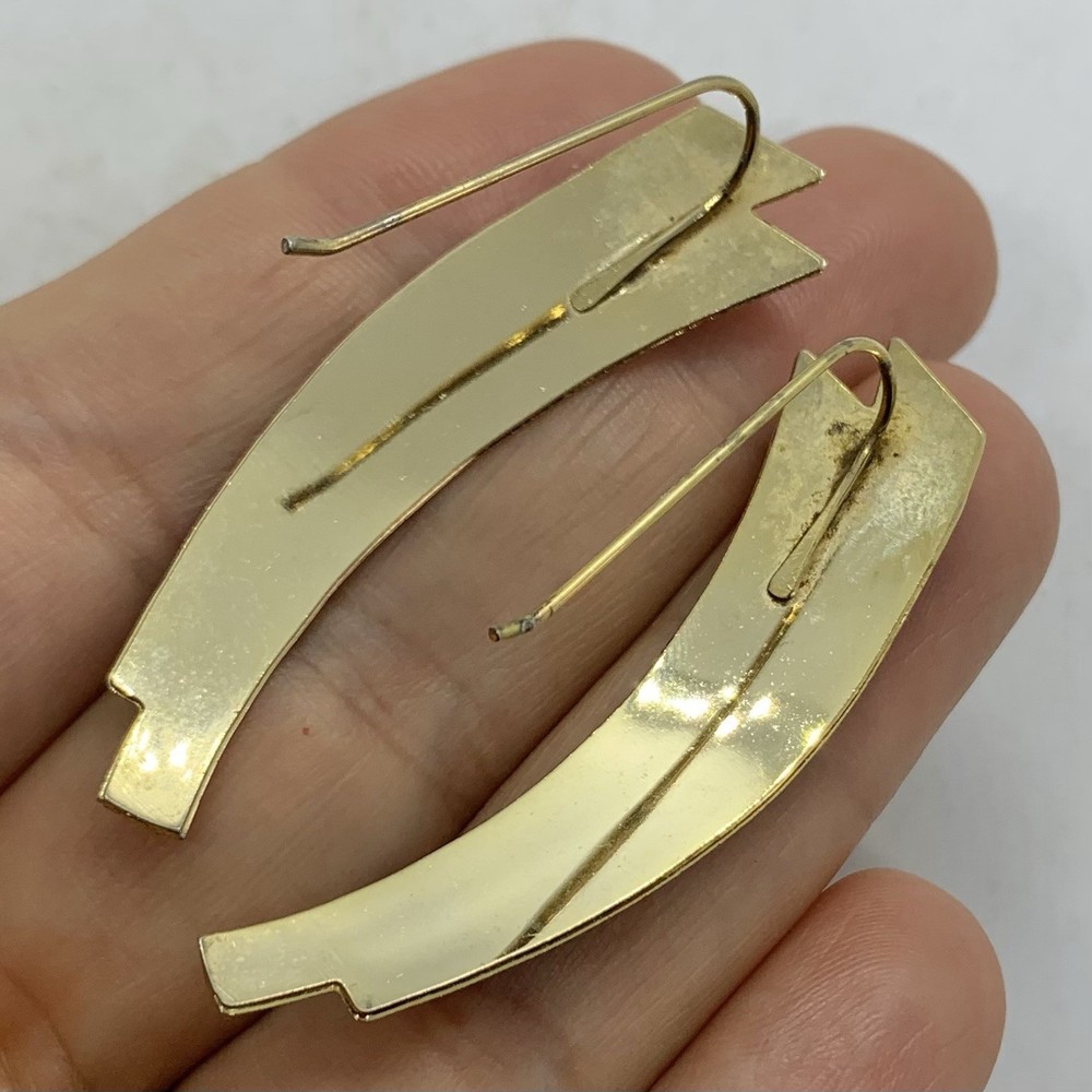 Vtg Black Enamel Geometric Bold Drop Earrings Goldtone Hook Statement Dramatic