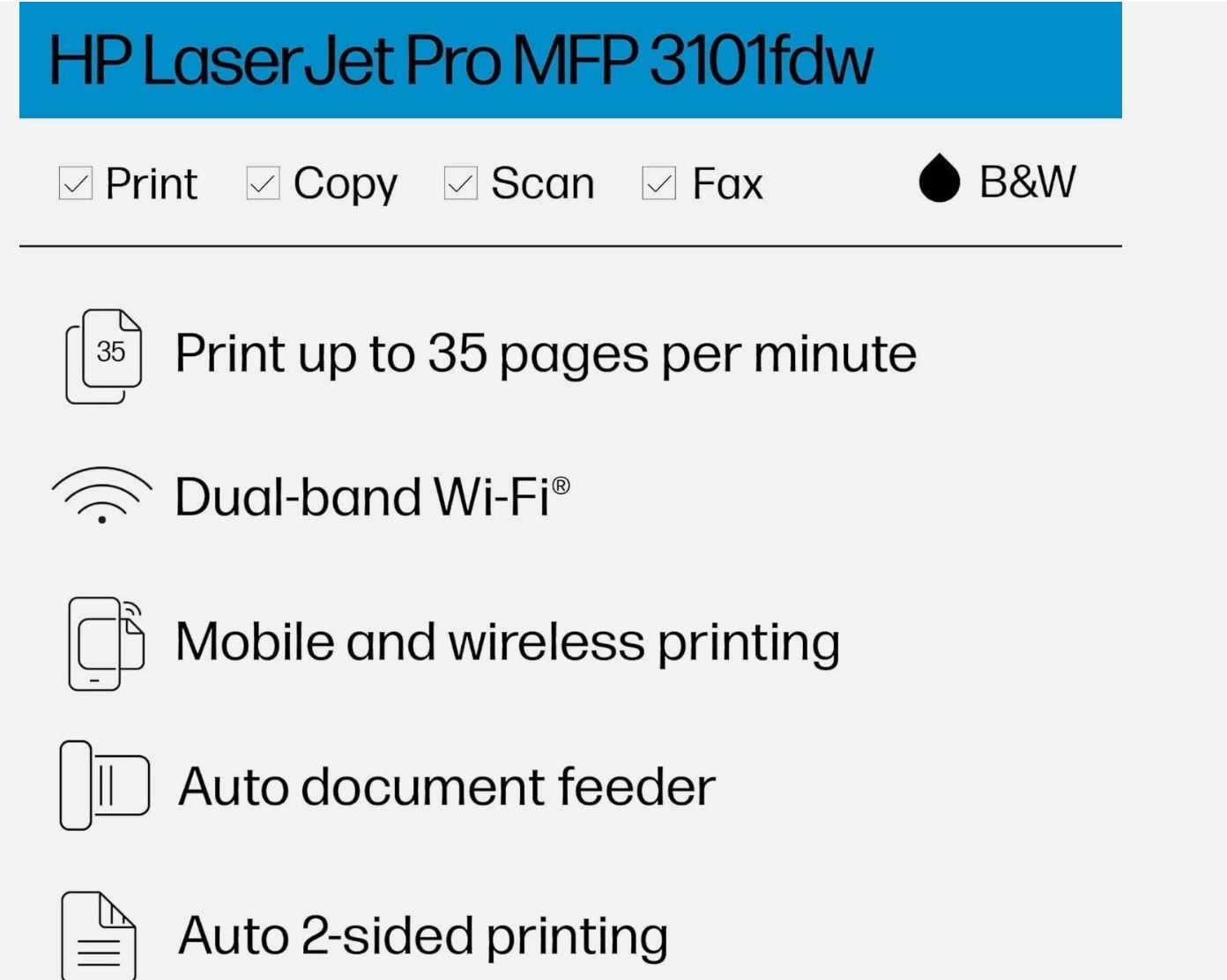 New HP LaserJet Pro MFP 3101fdw Wireless Black & White All-in-One Laser Printer