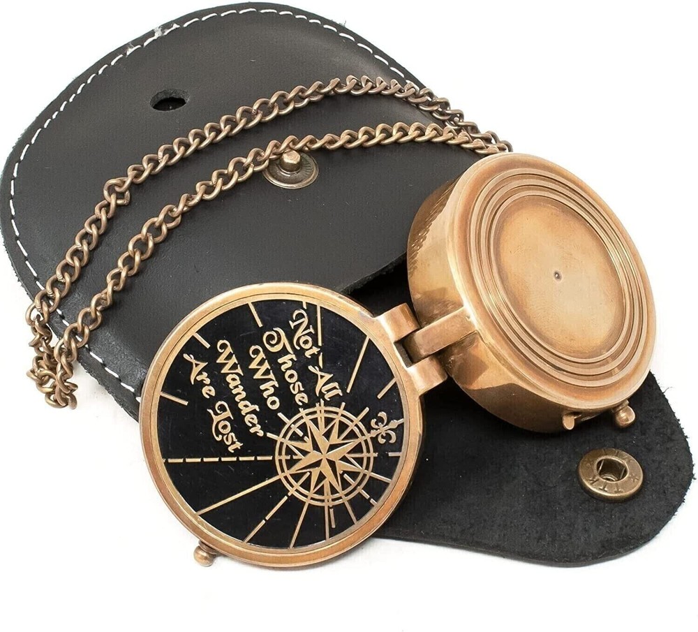 Engraved Personalized Inscription Antique Brass Compass with Leather Case