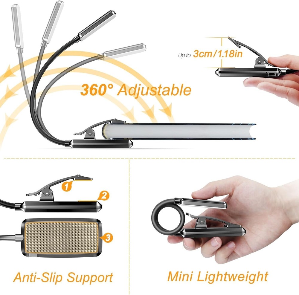 Bedside LED Reading Light - Rechargeable, 80 Hr Runtime, 3 Color Modes, Portable