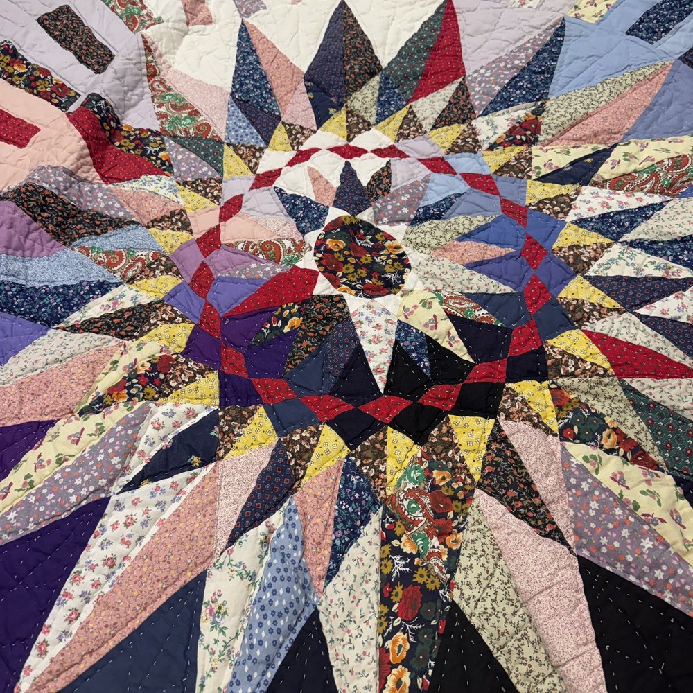 Cotton Mariners Compass Patchwork Quilt Vtg -Inspired 81”x81” See Description