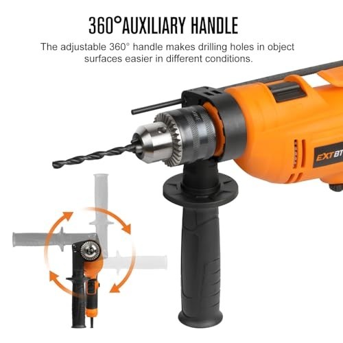 Powerful 5.8Amp Corded Hammer Drill, 1/2" Variable Speed, 9 Drill Bits & Handle