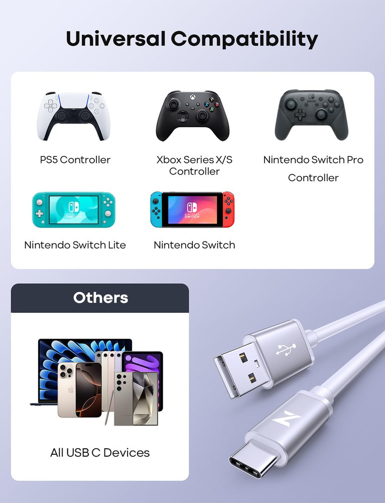 White PS5 USB C Charging Cable 10ft, Long Controller Charger