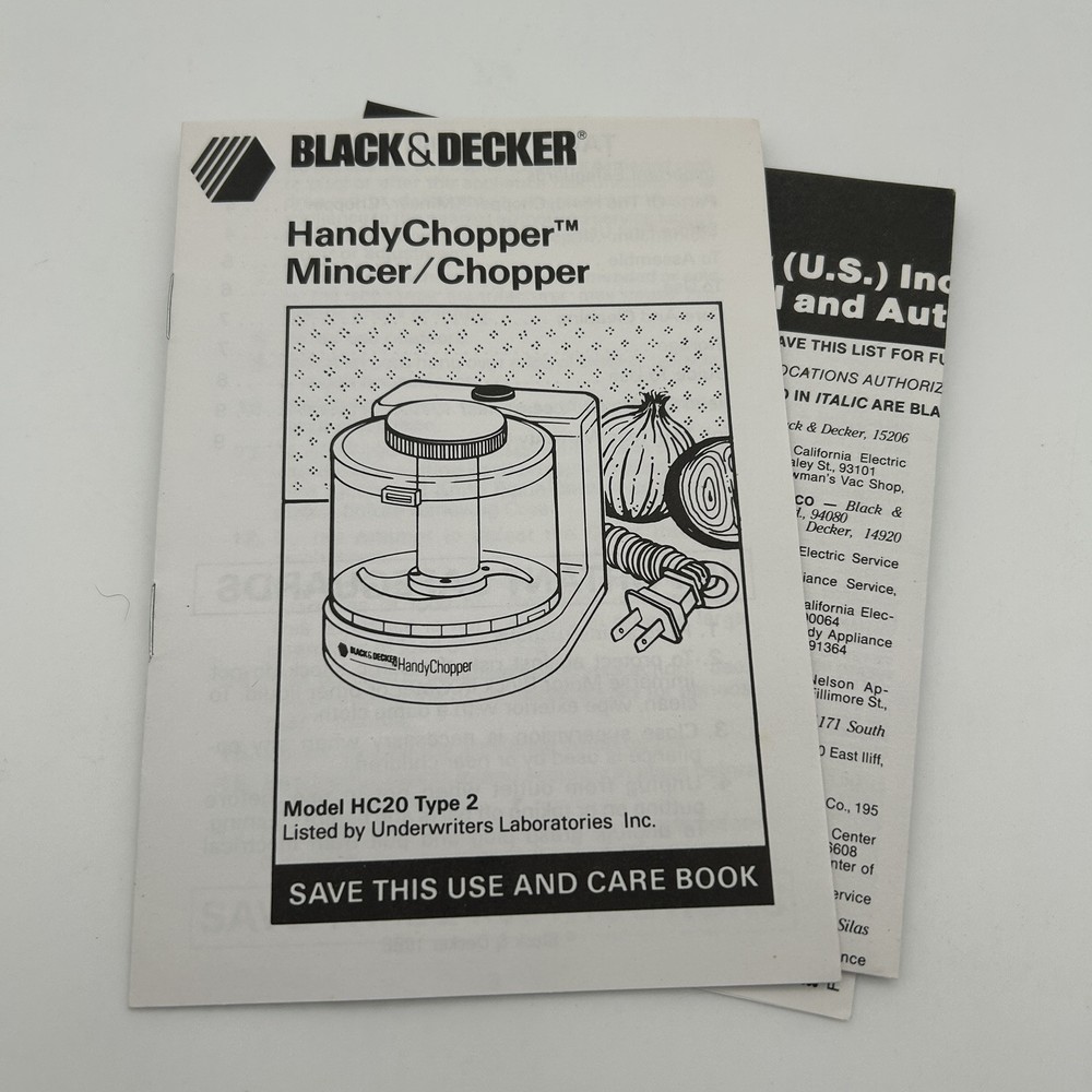 Black & Decker Handy Chopper HC20 Manual Original Instructions Paperwork Only