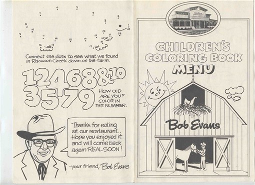 Bob Evans Children's Coloring Book Menu 1980