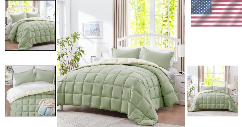 Luxury Queen Comforter Set - 3-Piece Solid Reversible Microfiber for All Seasons