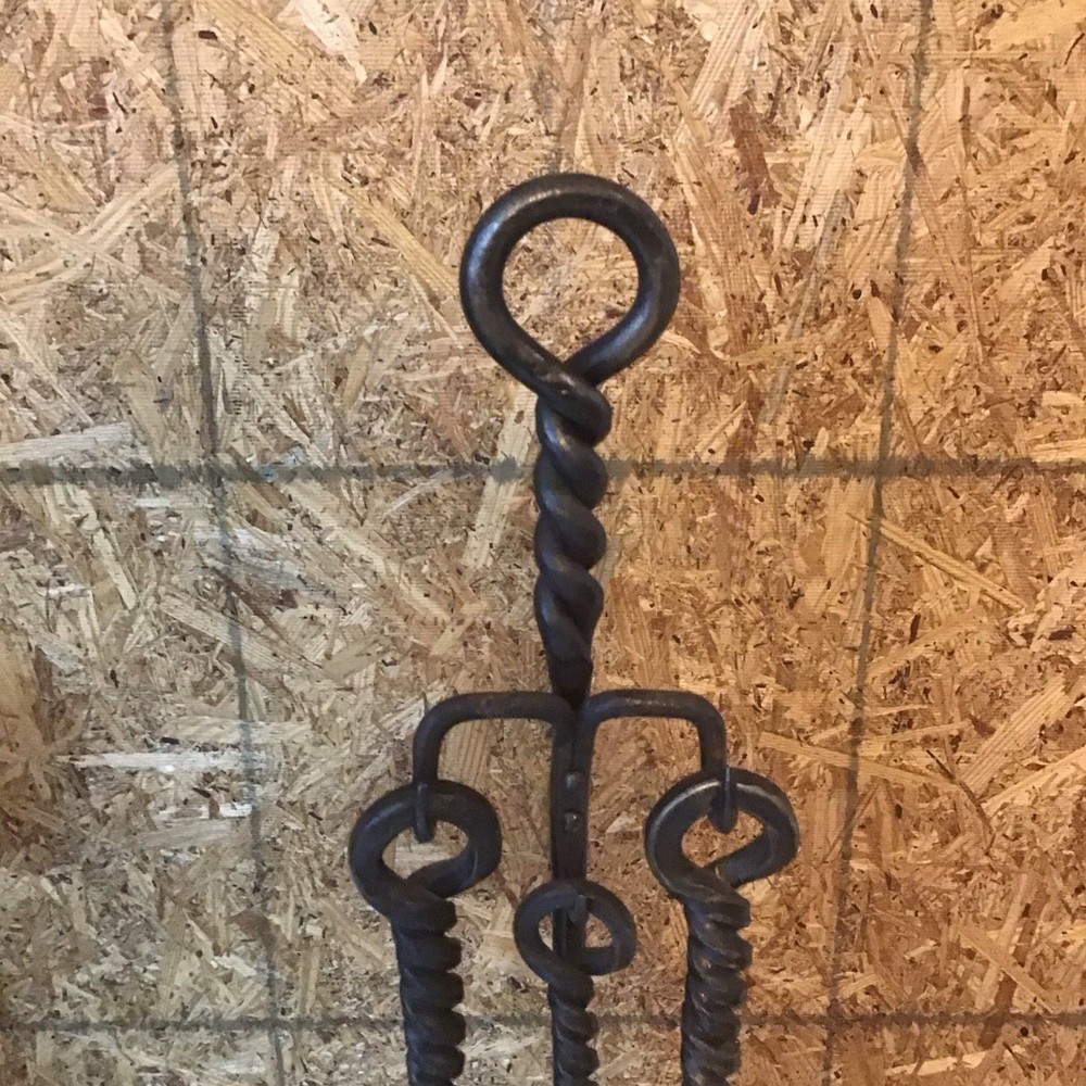 Fire place tool set, three piece with stand hand forged
