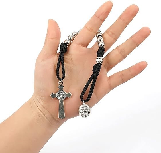 One Decade Black Paracord Rosary Silver Beads Pocket Rosary