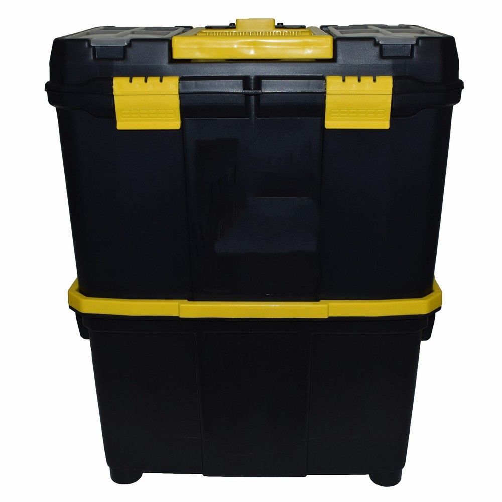 Plastic Double Tool Box Toolbox Storage Pull Along Handle Trolley 9 Compartment