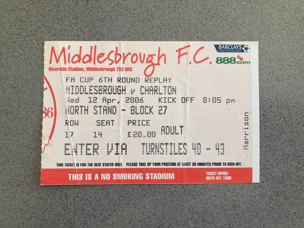 Middlesbrough v Charlton Athletic 2005-06 Match Ticket