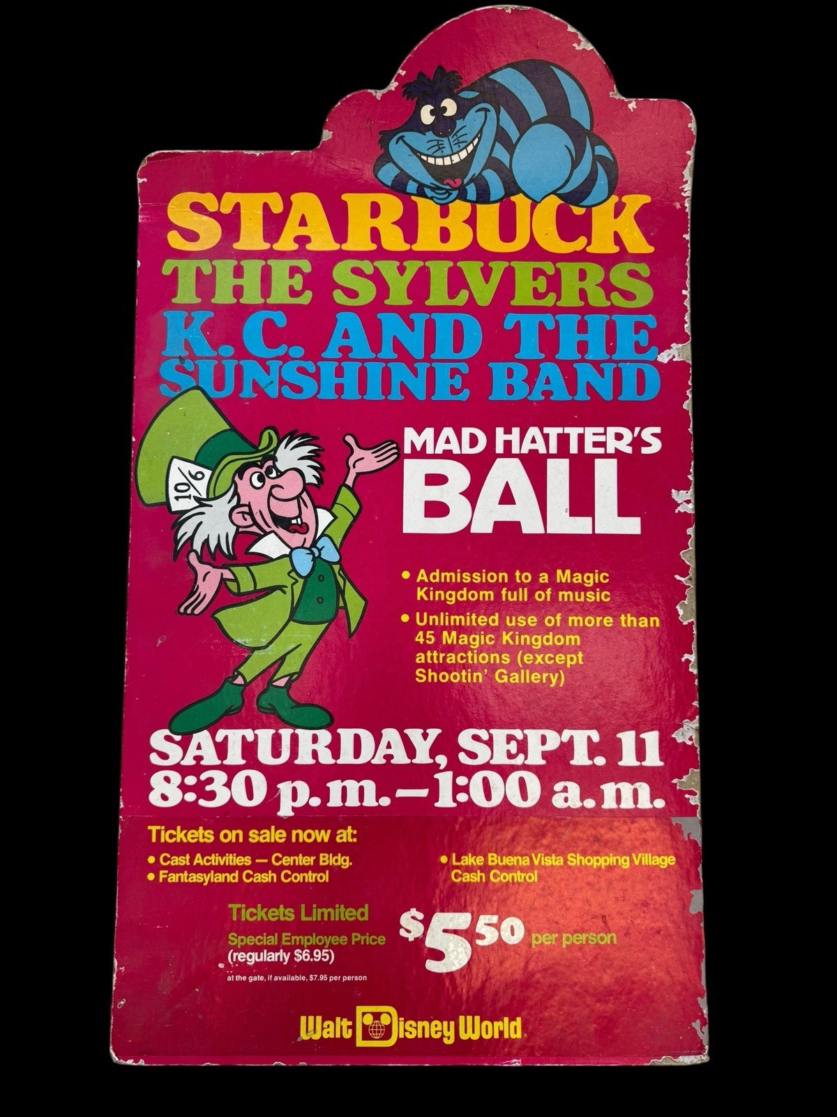 Rare Disney Mad Hatter's Ball Display Sign Strabuck Sylvers KC Sunshine Band 29"