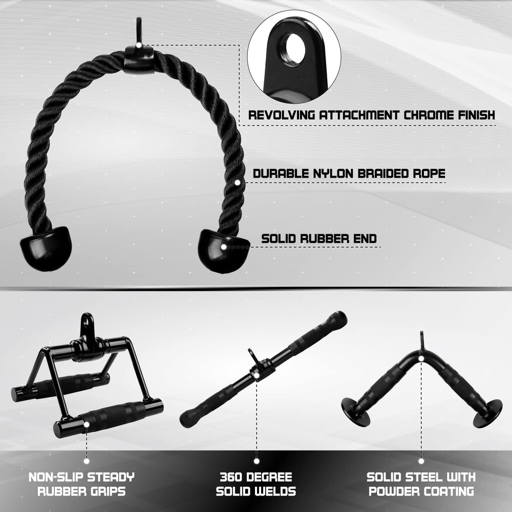 Cable Machine Attachments Set Tricep Rope V Bar Straight Bar LAT Pulldown