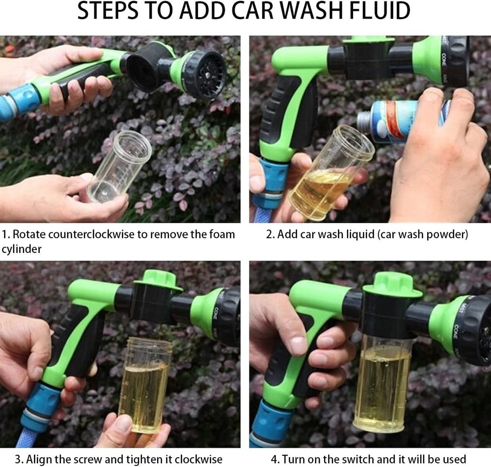 Compact High Pressure Cleaning Nozzle with 8 Adjustable Foaming Patterns - Green