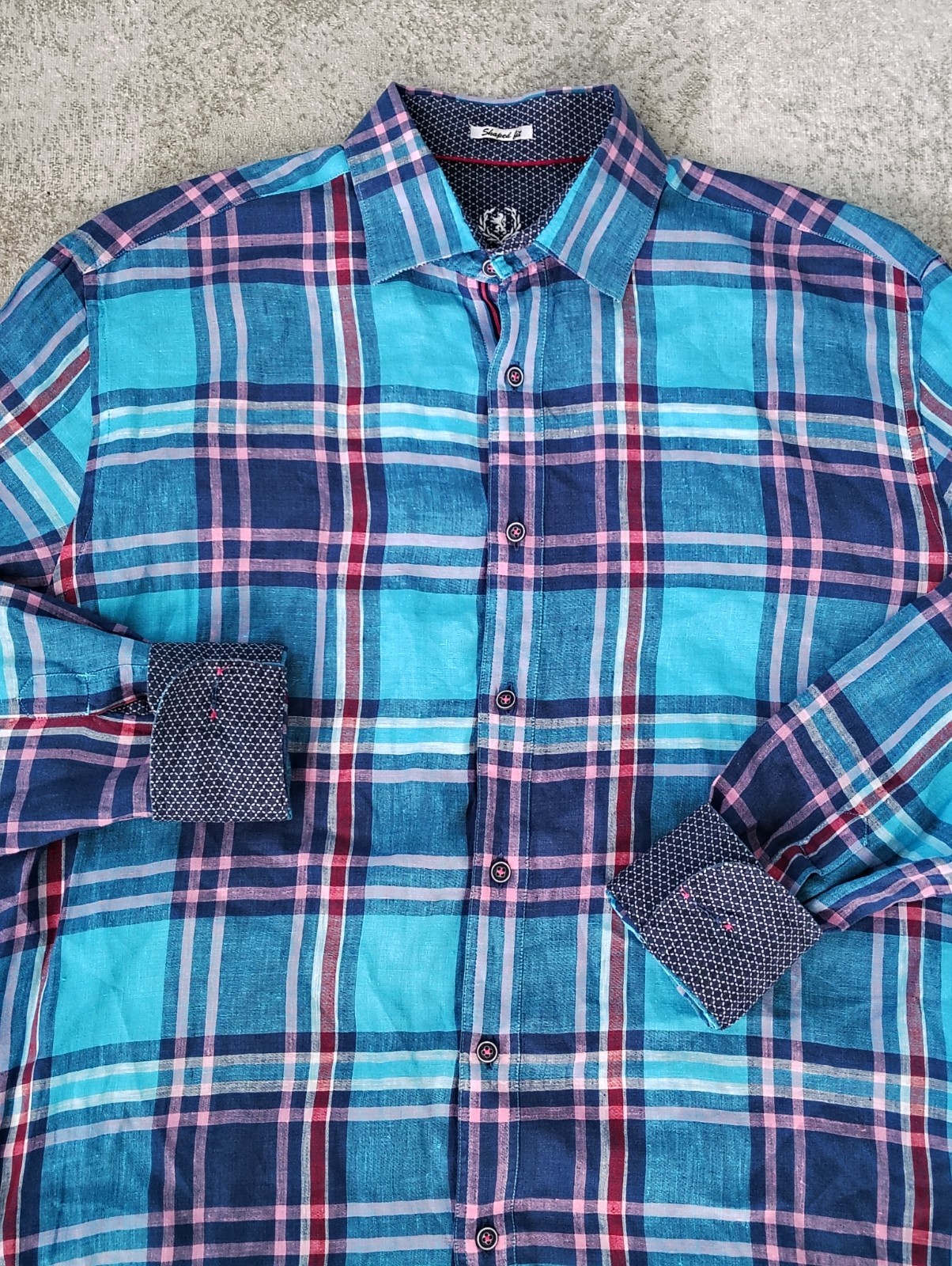BUGATCHI Turquoise & Pink PLAID Mens LINEN Shirt Classic Shaped Fit L/XL 48"