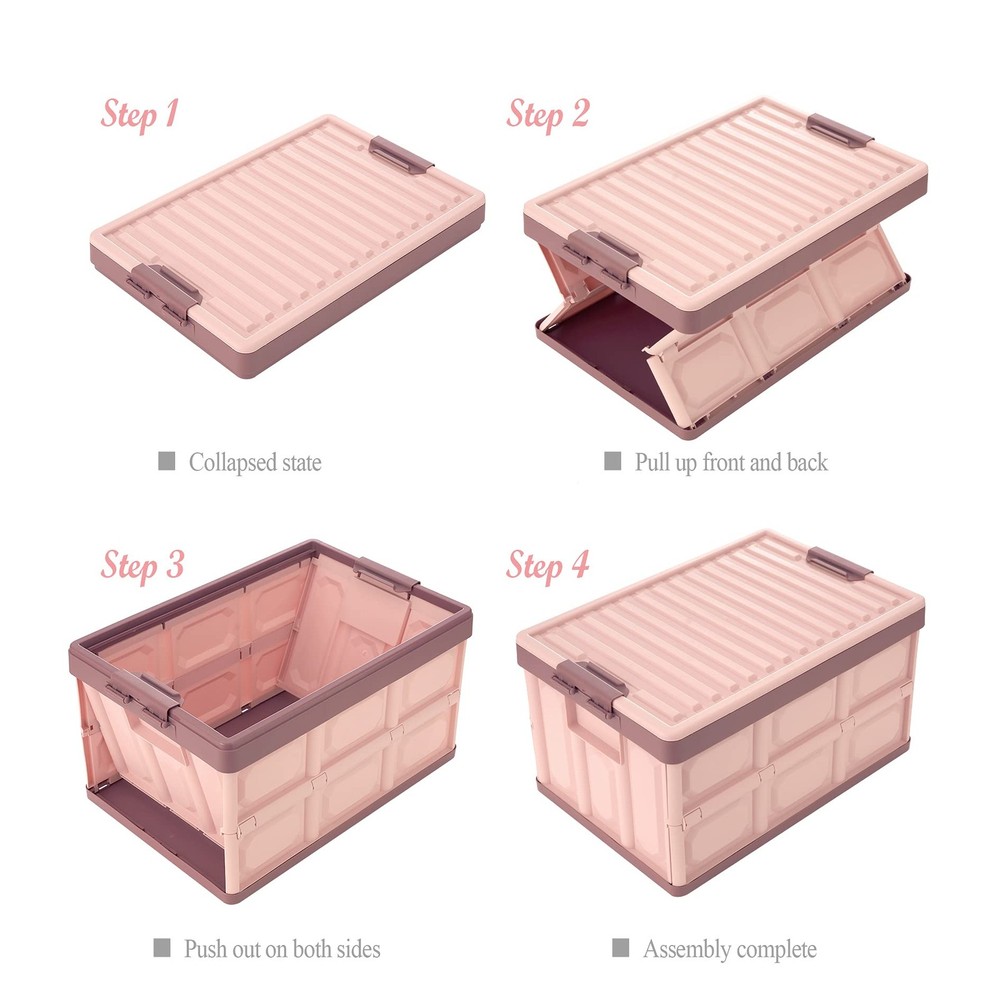 Pink Collapsible Storage Bins with Lids 2-Pack, Folding Plastic Stackable Uti...