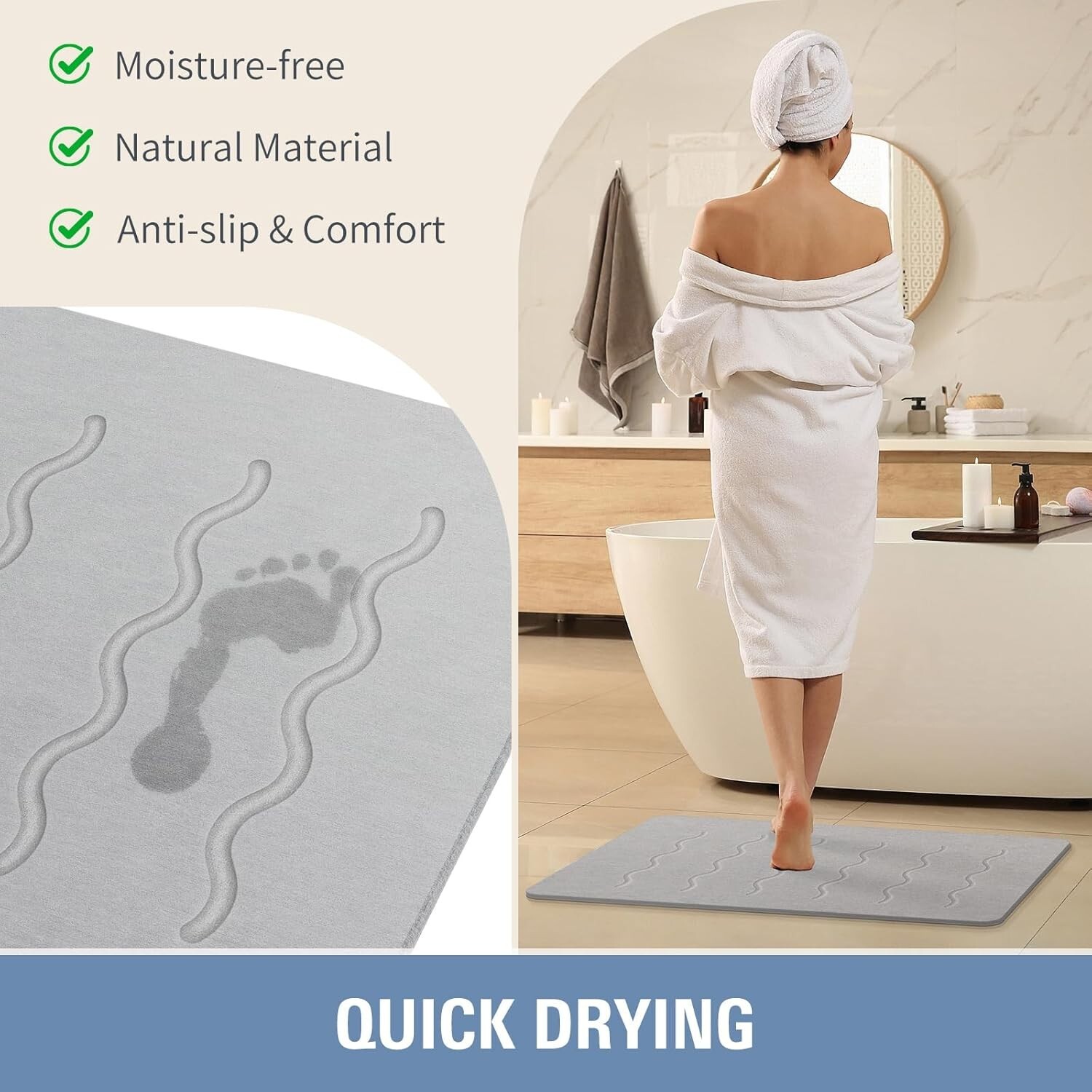 Large Stone Bath Mat, 32''x20'' Non-Slip Diatomaceous Earth Stone Quick Drying