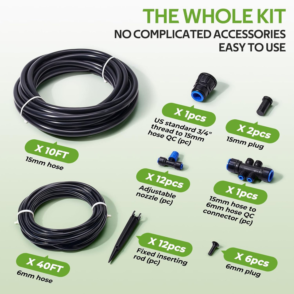 50FT Quick Connect Garden Watering System with Adjustable Vortex Drippers, Savin