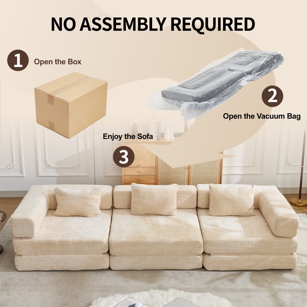Convertible Floor Sofa Bed w/Fixed Frame, Chenille, Beige, No Assembly