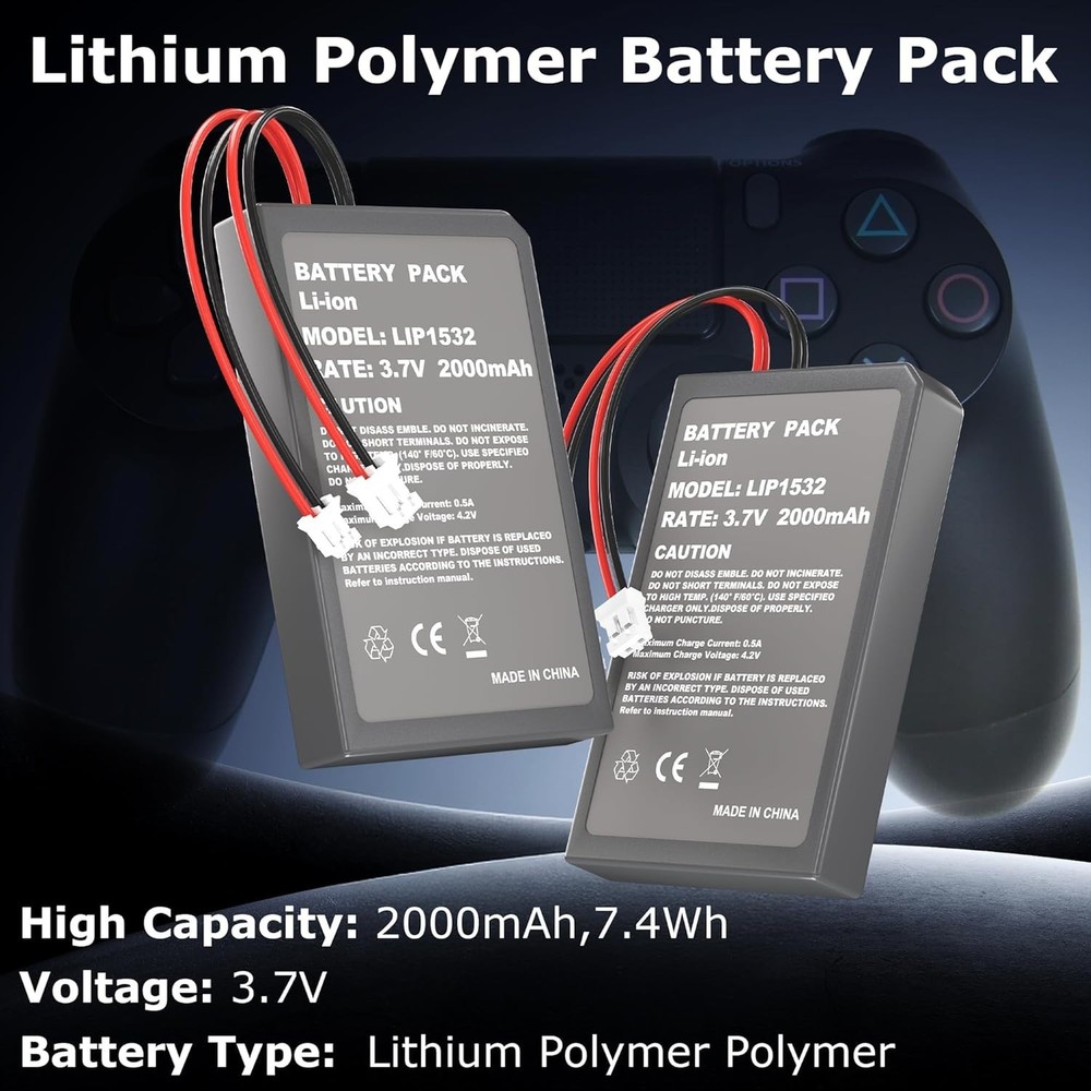 2 Pack 2000mAh Batteries for PS4Pro/PS4Slim Controller,Replacement Lithium Ba...