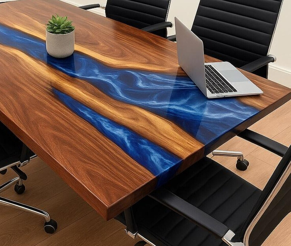 Custom Handmade Epoxy Resin Table – Ocean Wave Design, Live Edge Coffee Tabletop