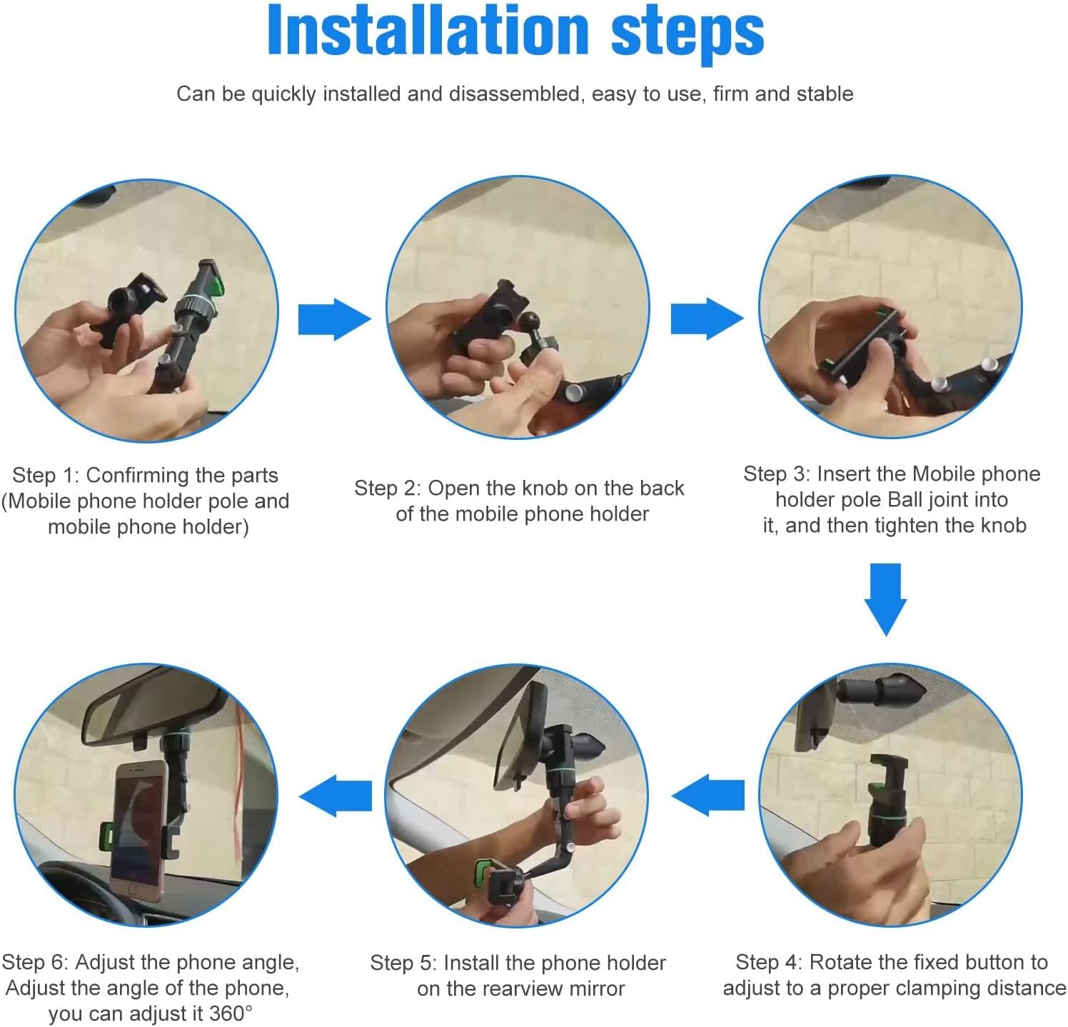 360° Rotation Adjustable Holder Car Rearview Mirror Mount Clip Phone Cradle GPS