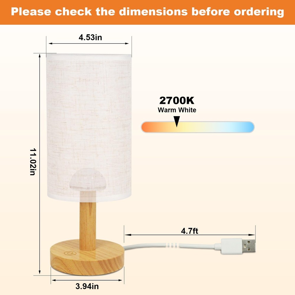 Touch Bedside Table Lamp Stepless Dimming USB Powered, Minimalist Wood Base ...