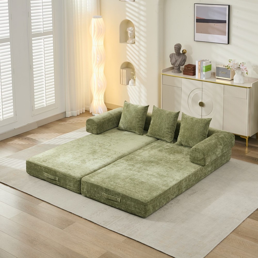 Multi-Functional Floor Sofa Convertible Folding Chenille Bed Sofa Couch Green