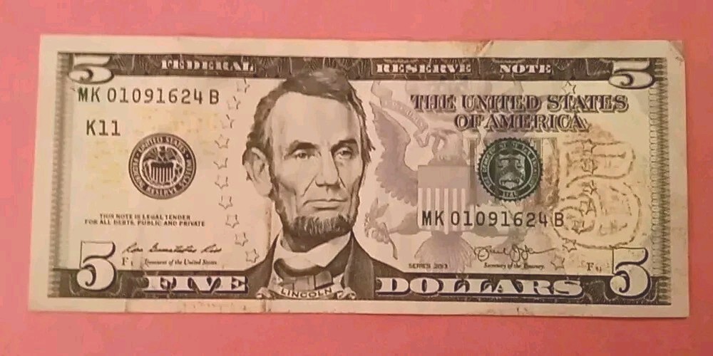 2013 $5 Extremely Rare Federal Reserve Note OVER INKING WATERMARK ERROR $5 BILL