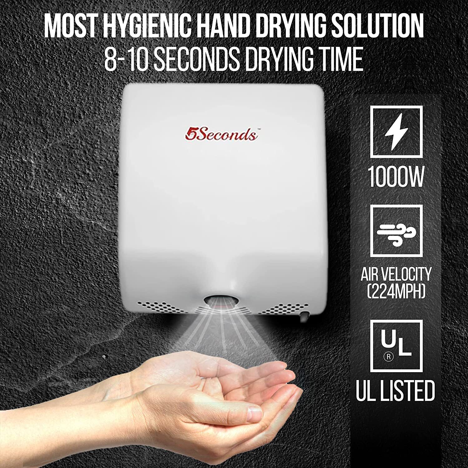 Electric Hand Dryers for Bathrooms Commercial in 1000W UL Listed - White