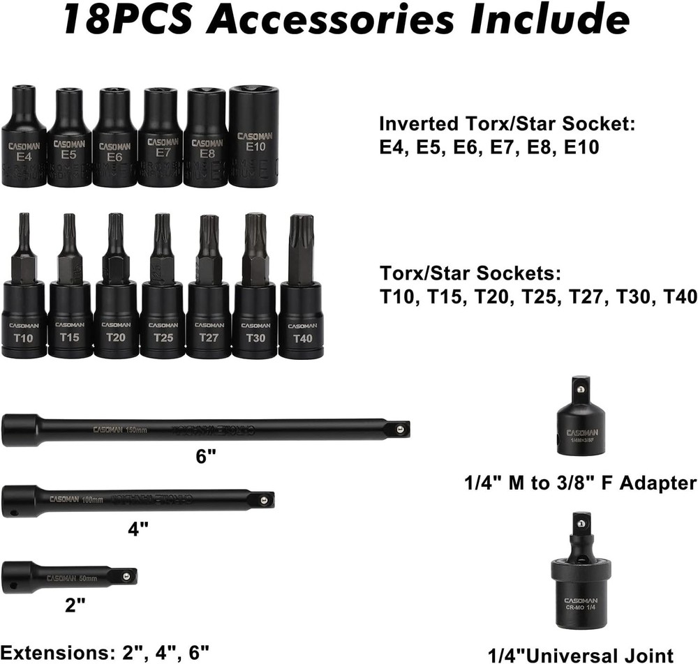 1/4 Inch Drive Master Impact Socket Set with Adapters, U-Joint, Extensions &...