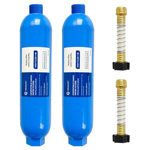 RV Inline Water Filter with 2 Flexible Hose Protector, Reduce Bad 2 Pack