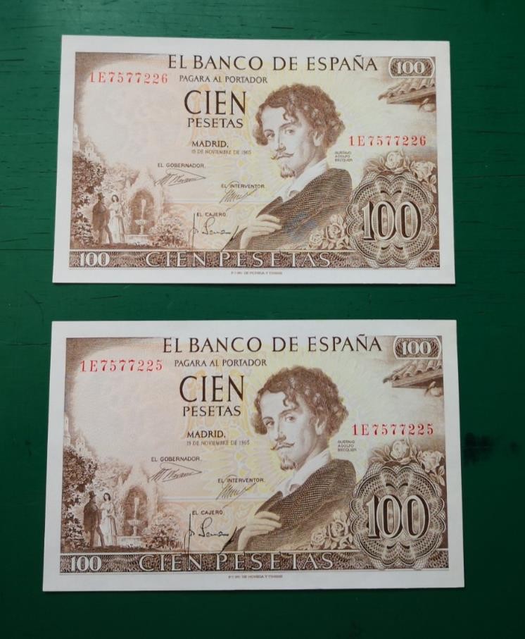 Spain 1965 2x 100 Pesetas Notes Consecutive Banknotes #722