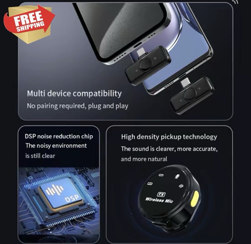 3 in 1 Microphone for iPhone/Android/Camera, Wireless Lavalier Microphone