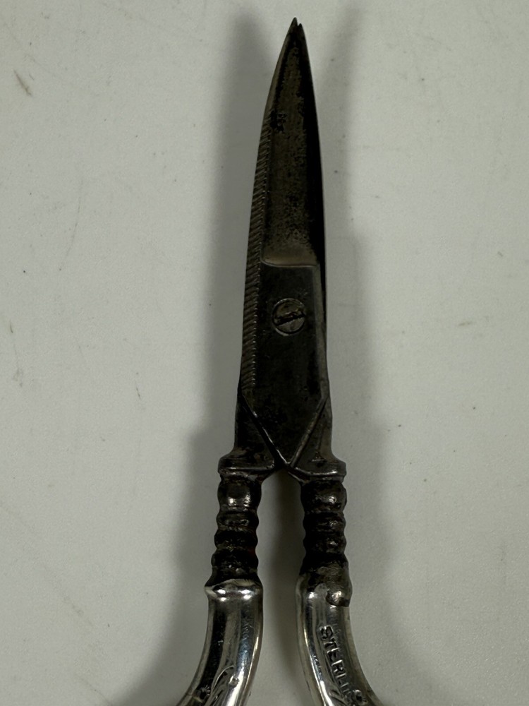 Antique Curved Silver Handles with a pattern Sewing Or Nails Scissors 3-3/4”