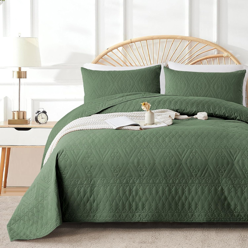 Full/Queen Size Quilt Bedding Set,Green Lightweight Microfiber Soft Bedspread,Mo
