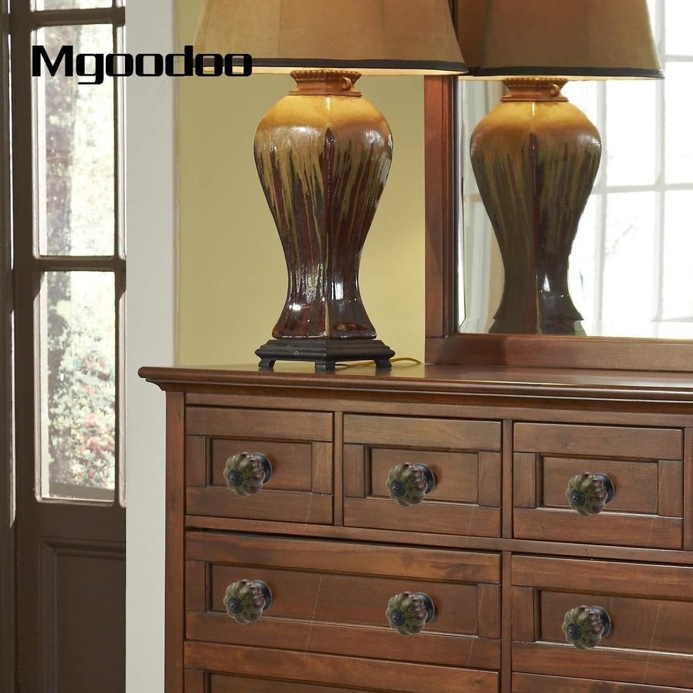 Rustic Green Pumpkin-Shaped Drawer Knobs - Handmade Ceramic Cabinet Pulls